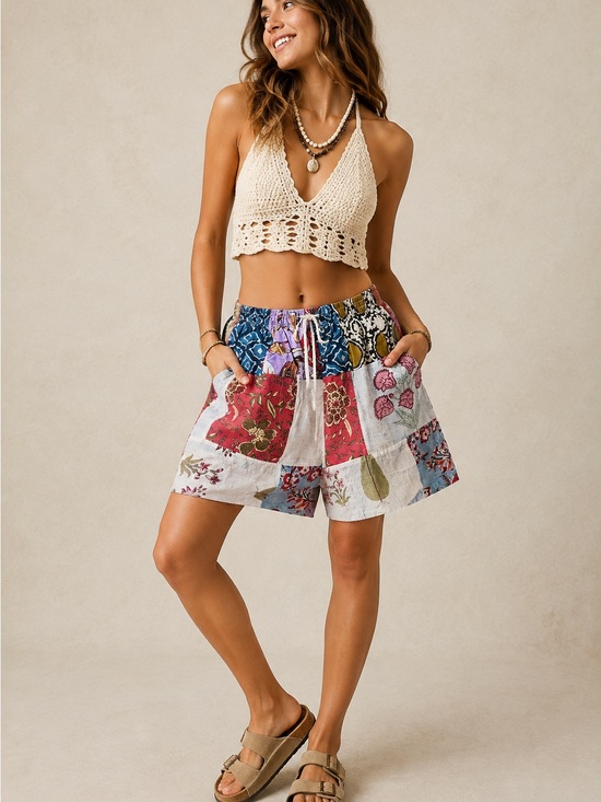 Ashley Taylor Pants - Ashley Taylor Sample Patchwork Shorts One Size Boho Cotton Festival